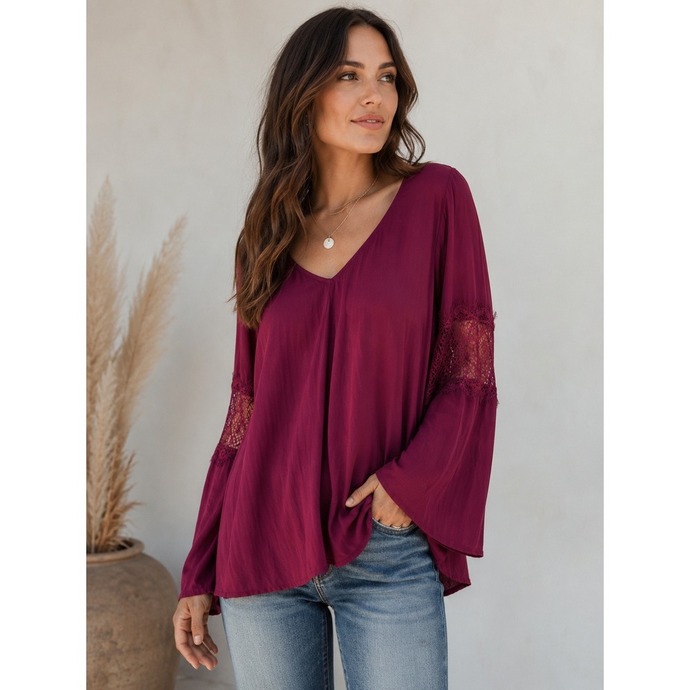 Express Boho Whimsigoth Witchy Lace Inset Bell Flare Sleeve Blouse Medium